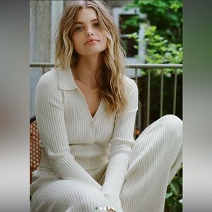 Aerie Gotta Jet! Polo Sweater Sweatpant Set Ribbed Toasted Coconut Cream Size XS